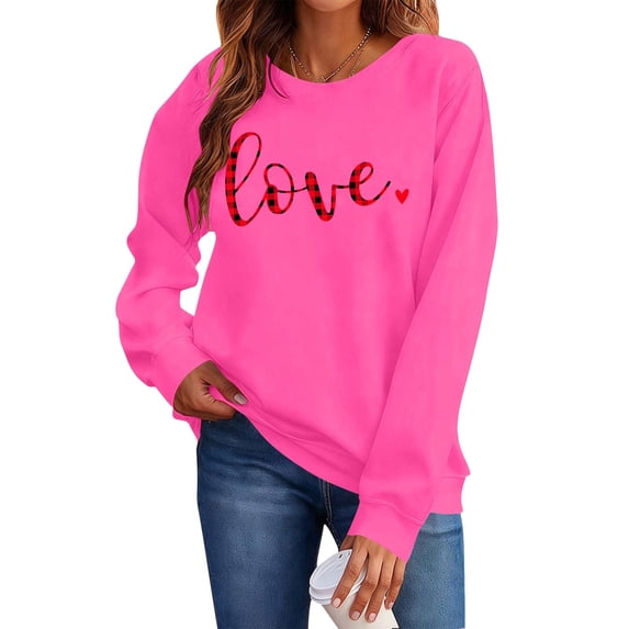 Guluxicc Women's Tops Casual Crewneck Long Sleeve Tunic Shirts Valentine's Day Fashion Cute Letter Print Pullovers Sweatshirts, Pink, S