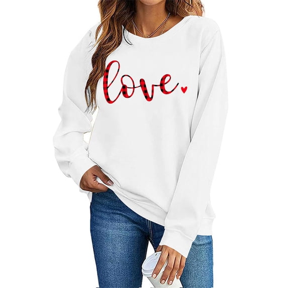 Guluxicc Women's Tops Casual Crewneck Long Sleeve Tunic Shirts Valentine's Day Fashion Cute Letter Print Pullovers Sweatshirts, White, XL