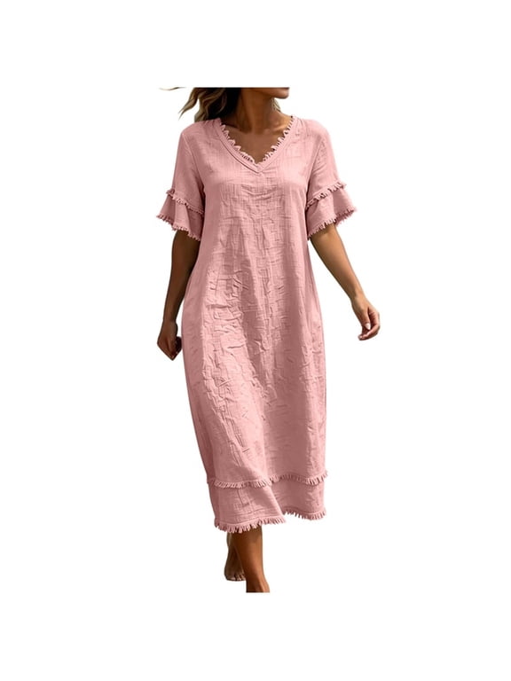 Women's V Neck Nightgown Short Sleeve Loose Linen Long Sleep Dress Soft Casual Loungewear for Women