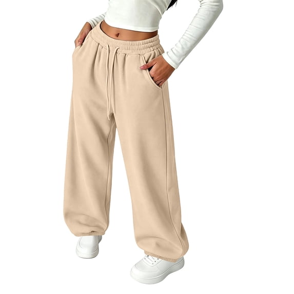 Guluxicc Women's Wide Leg Sweatpants with Pockets Drawstring Elastic Waist Solid Casual Sweatpants for Everyday Fall Winter