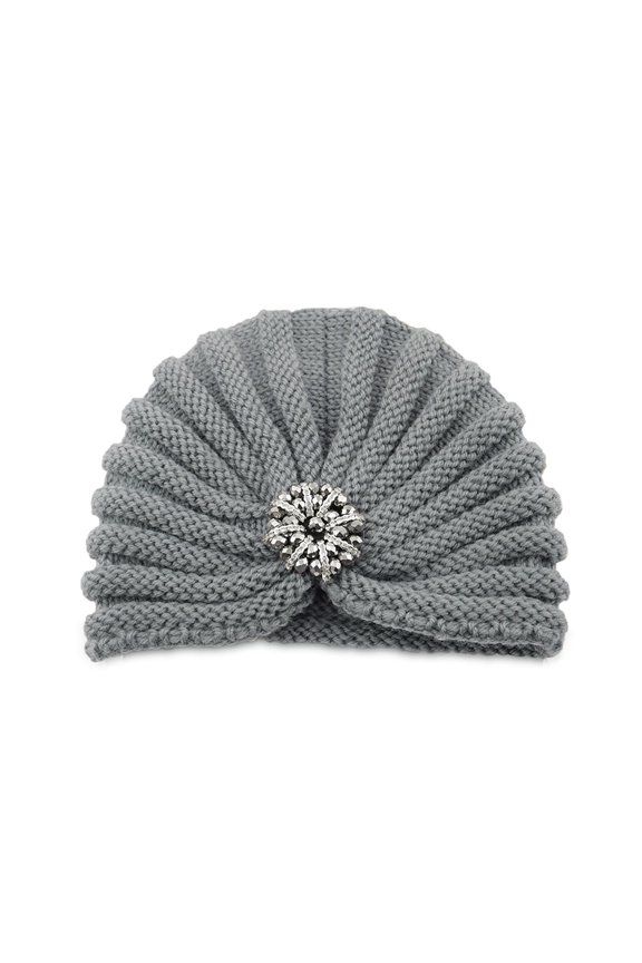 Womens Boho Beanie Hat Winter Knit Cap with Accessory, Gray