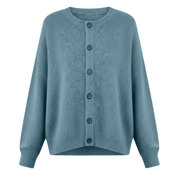 Guluxicc Womens Button Down Sweaters Casual Solid Knit Long Sleeve Tops Outdoor Cardigan Shirt, Blue, 2XL