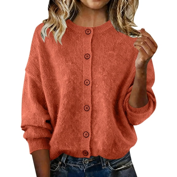 Guluxicc Womens Button Down Sweaters Casual Solid Knit Long Sleeve Tops Outdoor Cardigan Shirt, Orange, L
