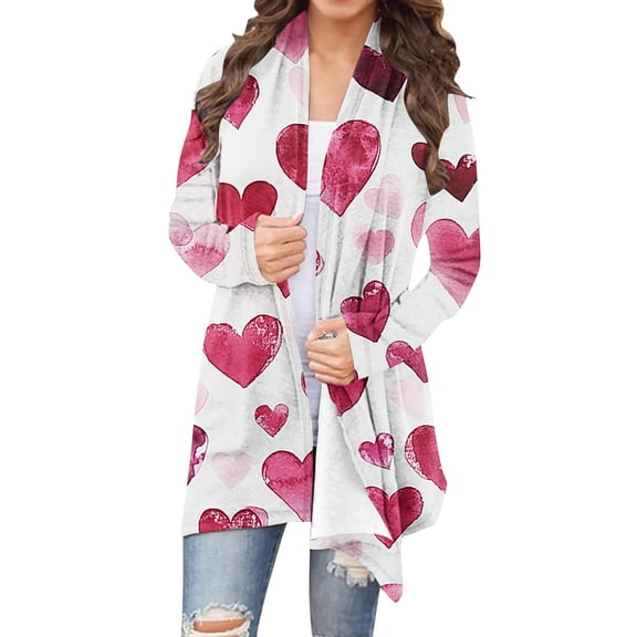Guluxicc Womens Cardigan Jacket Casual Lightweight Long Sleeve Fashion Cute Graphic Print Jackets Valentine's Day Cardigan Coat, White, M