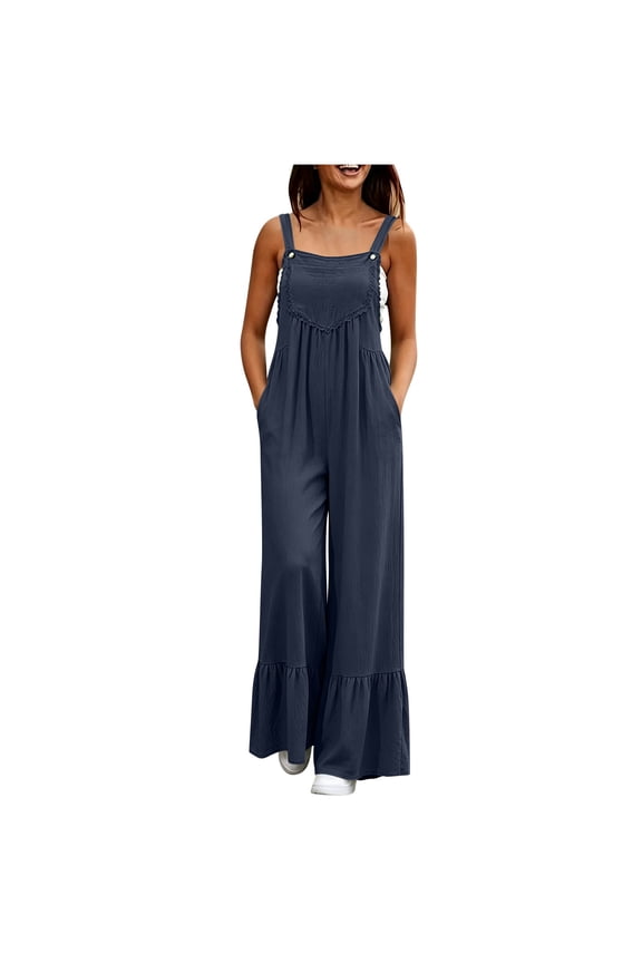 Womens Casual Loose Jumpsuits Summer Boho Ruffle Wide Leg Flowy Rompers Sleeveless Overalls with Pockets