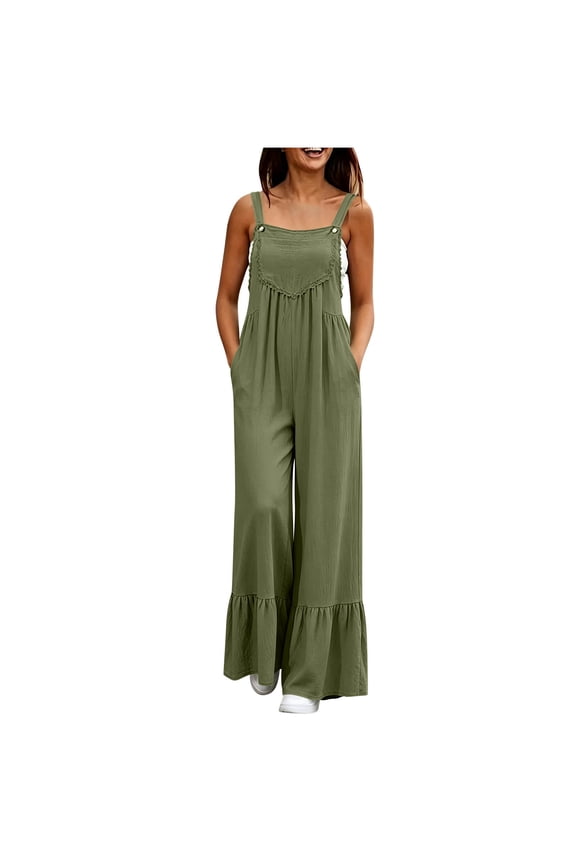 Womens Casual Loose Jumpsuits Summer Boho Ruffle Wide Leg Flowy Rompers Sleeveless Overalls with Pockets
