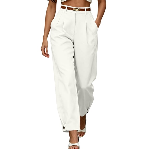 Guluxicc Womens Casual Tapered Pants Belted High Waisted Trousers with Button Cuffs and Pockets Solid Color Pants for Work