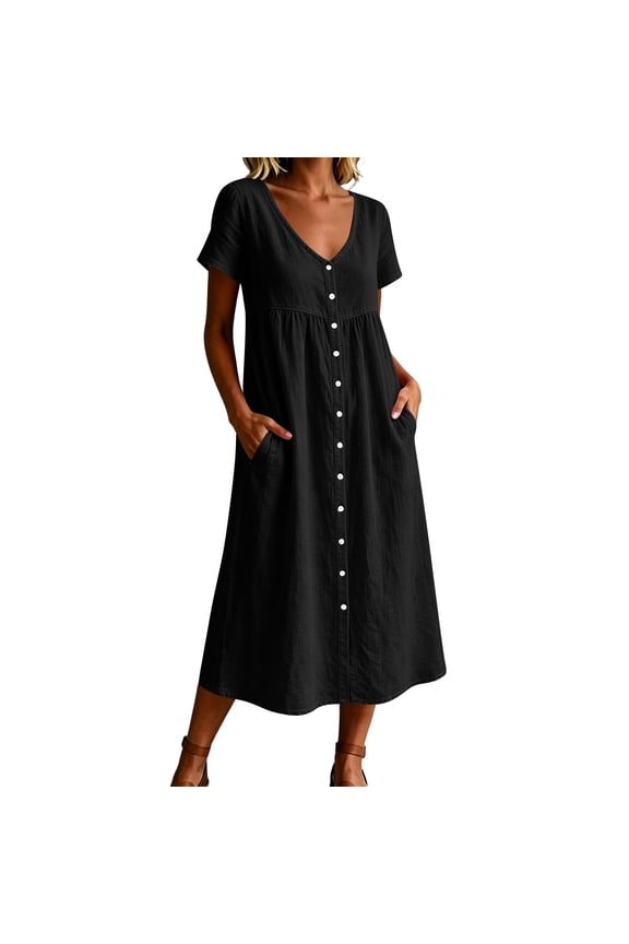 Womens Cotton Linen Midi Dress Summer Beach Casual Dresses V Neck Button Down Shift Dress Loose Fit Trapeze Dress