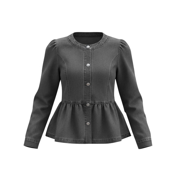 Guluxicc Womens Denim Peplum Jackets Button Down Ruffle Hem Long Sleeve Solid Jackets for Everyday Fall Winter