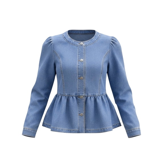 Guluxicc Womens Denim Peplum Jackets Button Down Ruffle Hem Long Sleeve Solid Jackets for Everyday Fall Winter