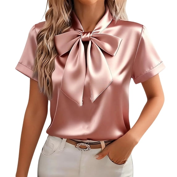 Guluxicc Womens Dressy Casual Blouses V Neck Satin Silk Work Tops Cap Sleeve Tie Knot Business Shirts