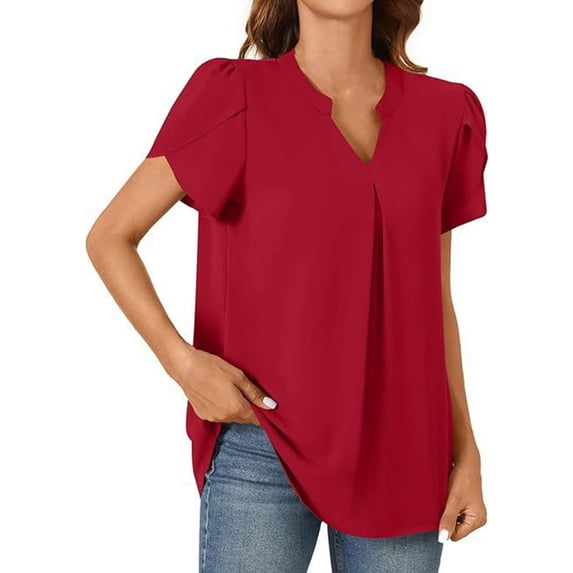 Guluxicc Womens Fashion Tees Casual V-Neck Short Sleeve Pullover Tops Solid Color T-Shirt, Red, S