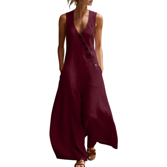 Guluxicc Womens Flowy Wide Leg Linen Jumpsuits Elegant Summer Sleeveless V Neck Rompers One Piece Beach Outfits with Pockets