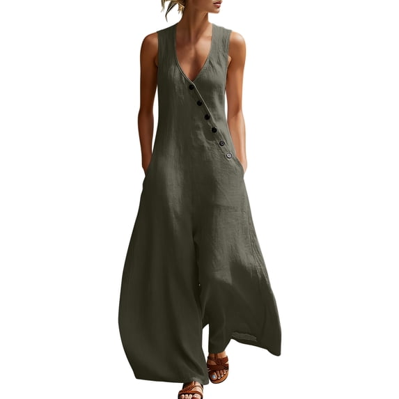 Guluxicc Womens Flowy Wide Leg Linen Jumpsuits Elegant Summer Sleeveless V Neck Rompers One Piece Beach Outfits with Pockets