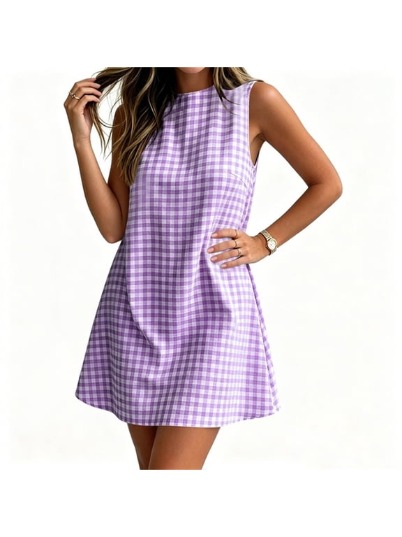 Womens Gingham Dress Spring Summer Beach Boho Sleeveless Mini Sundress with Back Zipper