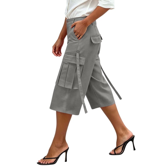Guluxicc Womens High Waist Capri Pants Wide Leg Cargo Trousers with Pockets Ribbon Detail Womens Casual Summer Pants