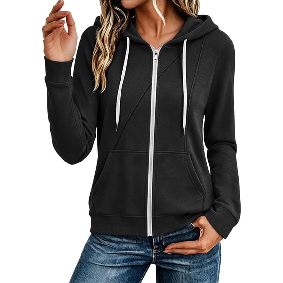 Guluxicc Womens Hooded Jacket with Pockets Full Zip Drawstring Long Sleeve Solid Jackets for Everyday Fall Winter