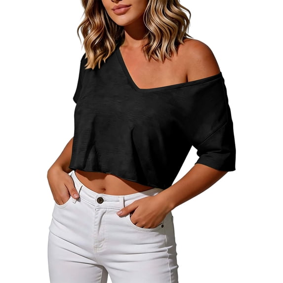 Guluxicc Womens Off Shoulder Crop Top Summer Casual Deep V Neck T Shirts Short Sleeve Loose Fit Basic Tees