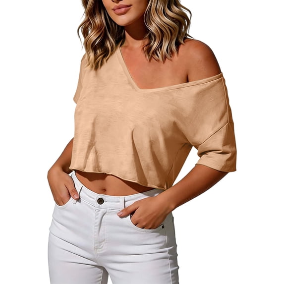 Guluxicc Womens Off Shoulder Crop Top Summer Casual Deep V Neck T Shirts Short Sleeve Loose Fit Basic Tees