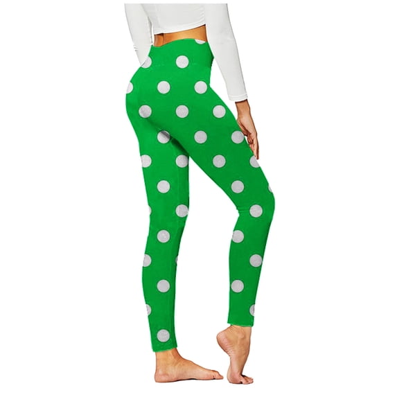 Guluxicc Womens Polka Dots Leggings Casual Slim Fit High Rise Tummy Control Yoga Pants, Green, 2XL