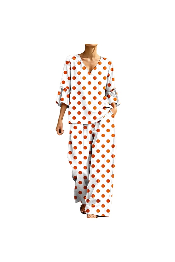 Womens Polka Two-Piece Outfit Sets V-Neck 3/4 Sleeve Tops and Wide Leg Pants Casual Co-Ord Lounge Set