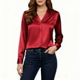 thumbnail image 1 of Guluxicc Womens Satin Button Down Tops Casual Business Work Long Sleeve Shirts V Neck Pullover Tunic Tops, Red, XL, 1 of 6
