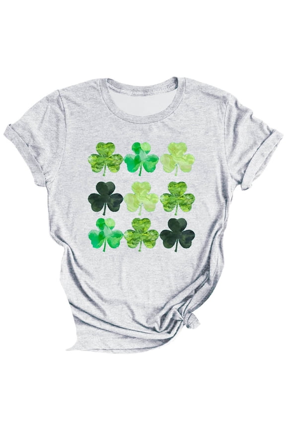 Womens Short Sleeve T-Shirt Casual Round Neck Tees St Potricks Day Shamrock Clover Printed Pullover Tops, L