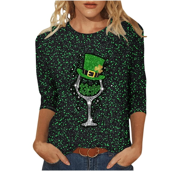 Guluxicc Womens St. Patrick's Day Tunic Tops Casual Round Neck Long Sleeve Shirts Shamrock Clover Graphic Print Pullover Tops, M