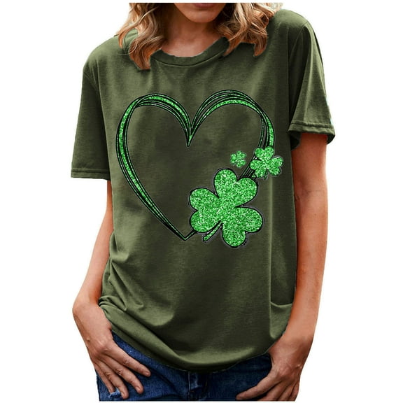 Guluxicc Womens St. Patricks Day Shirt Shamrock Printed Shirts Short Sleeve Graphic Tees Tops Cute Clover T-Shirt, 2XL