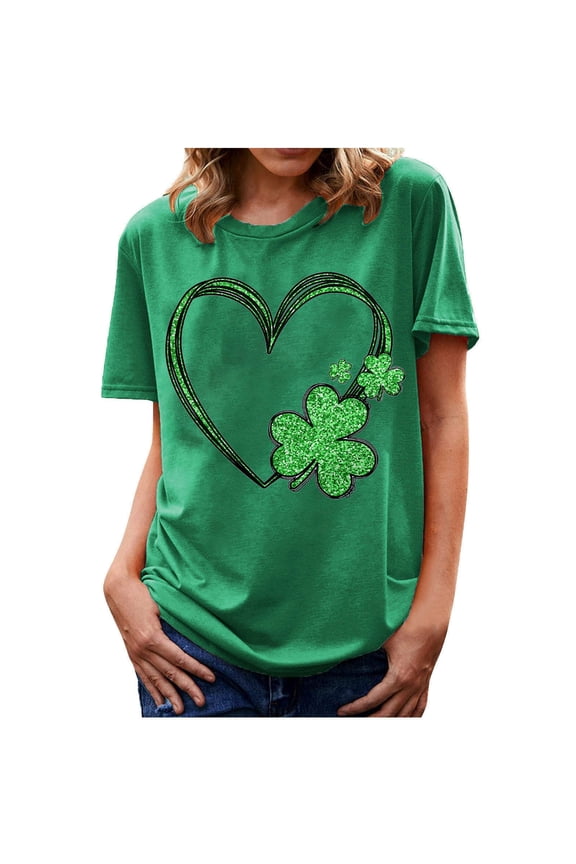 Womens St. Patricks Day Shirt Shamrock Printed Shirts Short Sleeve Graphic Tees Tops Cute Clover T-Shirt, M