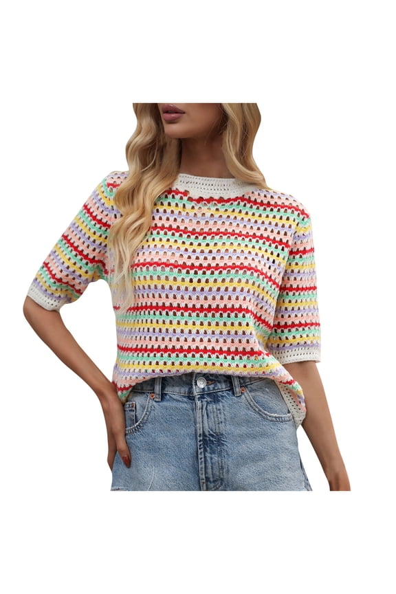 Womens Striped Sweaters Crewneck Short Sleeve Pullover Sweaters Summer Fall Trendy Tops Outfits, Beige, S