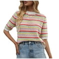 thumbnail image 1 of Guluxicc Womens Striped Sweaters Crewneck Short Sleeve Pullover Sweaters Summer Fall Trendy Tops Outfits, Beige, XL, 1 of 7