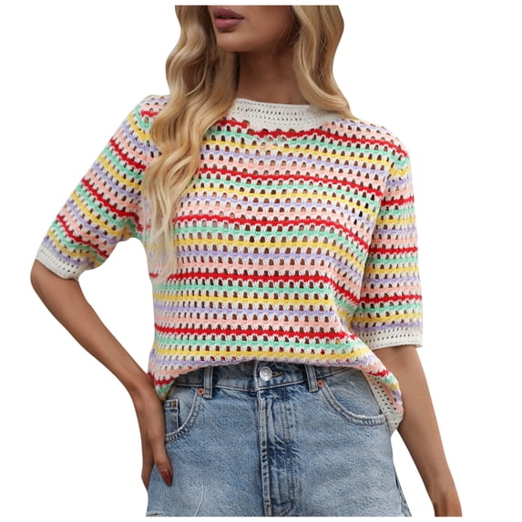 Guluxicc Womens Striped Sweaters Crewneck Short Sleeve Pullover Sweaters Summer Fall Trendy Tops Outfits, Beige, XL