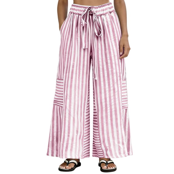 Guluxicc Womens Striped Wide Leg Pants Elastic Waist Casual Trousers with Side Pockets and Tie Summer Pants for Beach