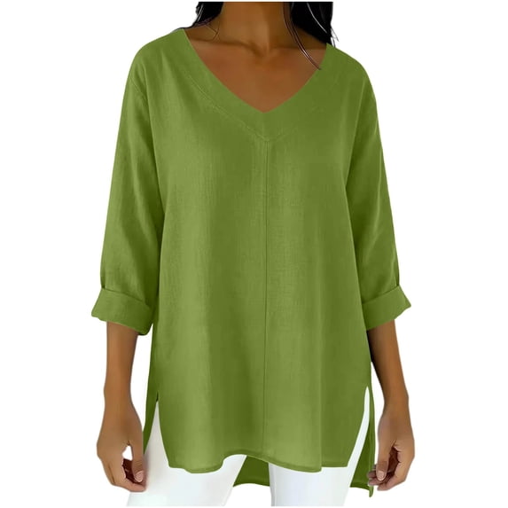 Guluxicc Womens Summer T-Shirts Long Sleeve V Neck Tops with Side Slit Solid Color Loose Fit Shirts Fall Fashion