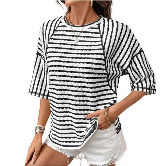 Guluxicc Womens Summer Tops Oversized Tshirts for Women Striped Color Block Short Sleeve T Shirts Crewneck Casual Tee Blouses