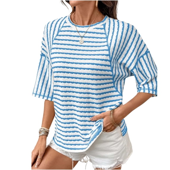 Guluxicc Womens Summer Tops Oversized Tshirts for Women Striped Color Block Short Sleeve T Shirts Crewneck Casual Tee Blouses