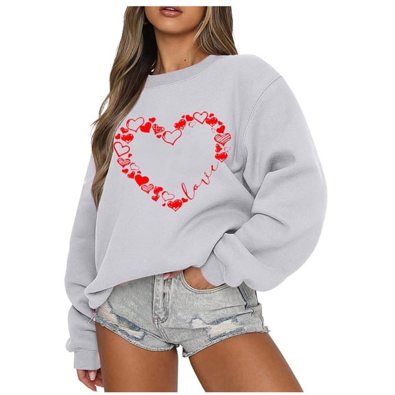 Guluxicc Womens Sweatshirts Valentine's Day Letter Graphic Print Tops Casual Crewneck Long Sleeve Pullover Shirts, Gray, S
