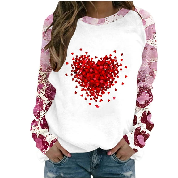 Guluxicc Womens T-Shirts Casual Crewneck Long Sleeve Tunic Tops Valentines Day Graphic Print Tees, Pink, M