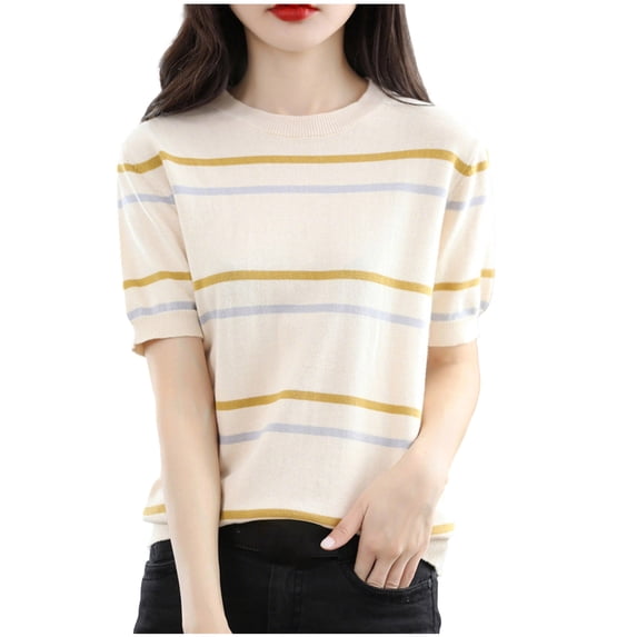 Guluxicc Womens T Shirts Crew Neck Short Sleeve Classic Stripe Print Knit Casual Comfy T Shirts for Women Spring Summer