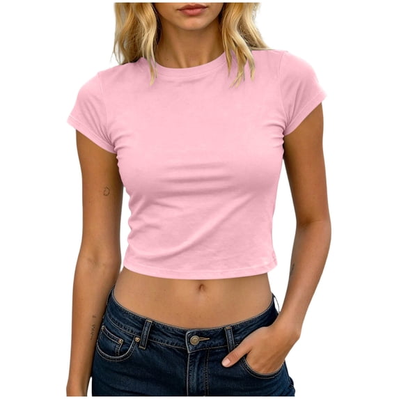 Guluxicc Womens T Shirts Crew Neck Short Sleeve Solid Cropped Slim Fit Casual Trendy T Shirts Spring Summer Crop Tops