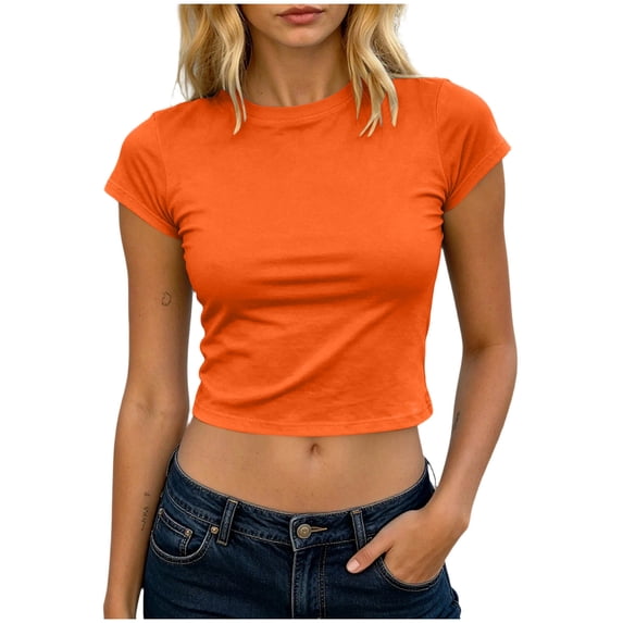 Guluxicc Womens T Shirts Crew Neck Short Sleeve Solid Cropped Slim Fit Casual Trendy T Shirts Spring Summer Crop Tops