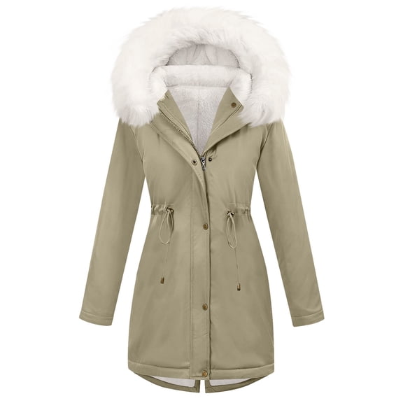 Guluxicc Womens Thermal Fleece Lined Jackets Casual Long Sleeve Hoodies Coats Windproof Thick Long Jacket, Beige, XL