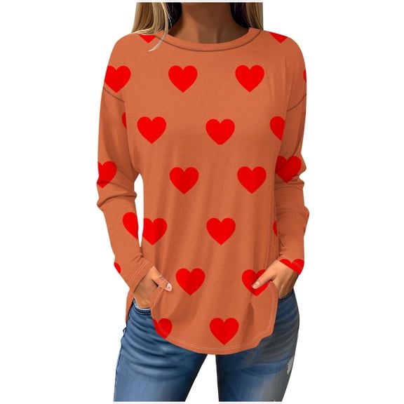 Guluxicc Womens Tops Casual Crewneck Long Sleeve Tunic Tops Valentines Day Graphic Print T-Shirts, Orange, 3XL