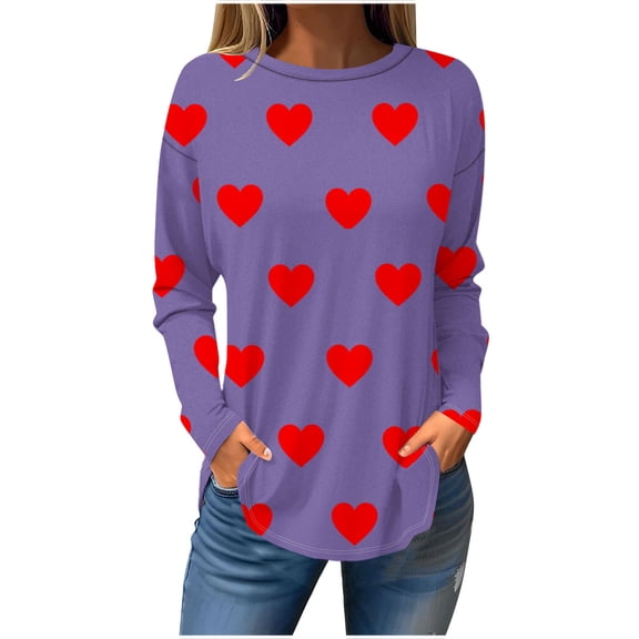 Guluxicc Womens Tops Casual Crewneck Long Sleeve Tunic Tops Valentines Day Graphic Print T-Shirts, Purple, L