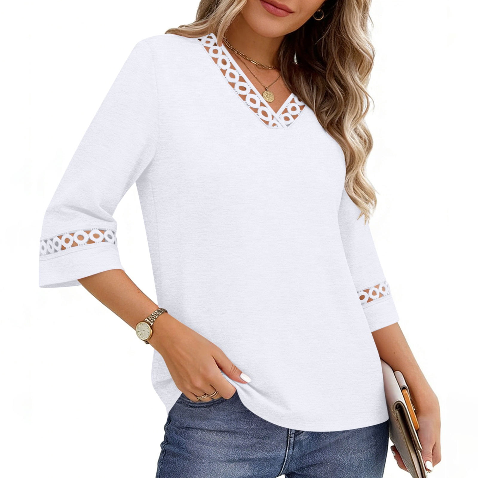 Guluxicc Womens Tops Eyelet Lace V Neck 3/4 Bell Sleeve Blouses Dressy ...
