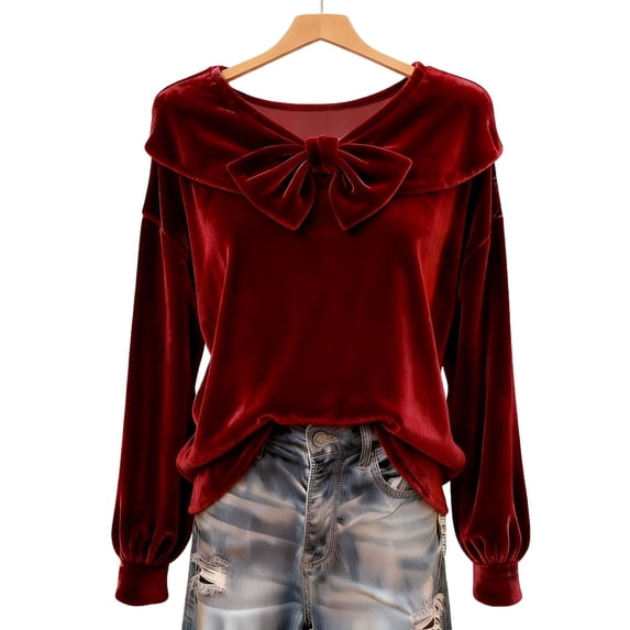 Guluxicc Womens Velvet Tunic Tops Casual Cute Bow Solid Color Shirts Crewneck Long Sleeve Pullover Tops, Red, L