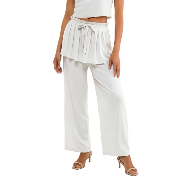 Guluxicc Womens Wide Leg Pants Elastic Waist Drawstring Ruffled Bottom Lounge Trousers Summer Casual Outfits for Everyday Wear