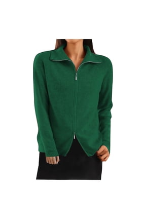 Womens Zip Up Cardigan Sweaters Collared Long Sleeve Sweaters Solid Color Fall Winter Jackets, Green, S