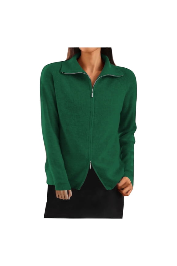Womens Zip Up Cardigan Sweaters Collared Long Sleeve Sweaters Solid Color Fall Winter Jackets, Green, S